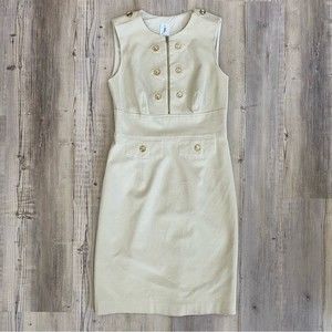Julia Jordan tan sheath dress, gold button embellishment, size 8 fits like a 6